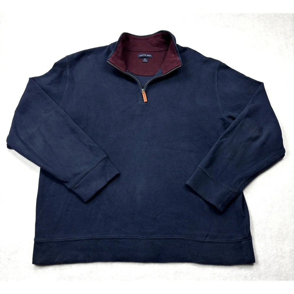 Lands End Mens XL Navy Blue‎ Cotton Quarter Zip Pullover Sweater Burgundy Trim
